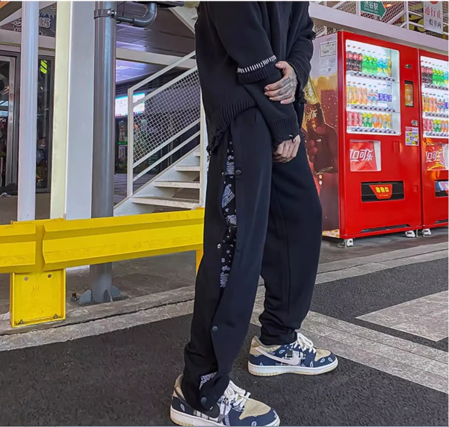 Breasted Pants Boys Fashion Straight Tube Trend Baggy Handsome High Street Hip Hop Wide Leg Open Hemp Flower Casual Sports 250411