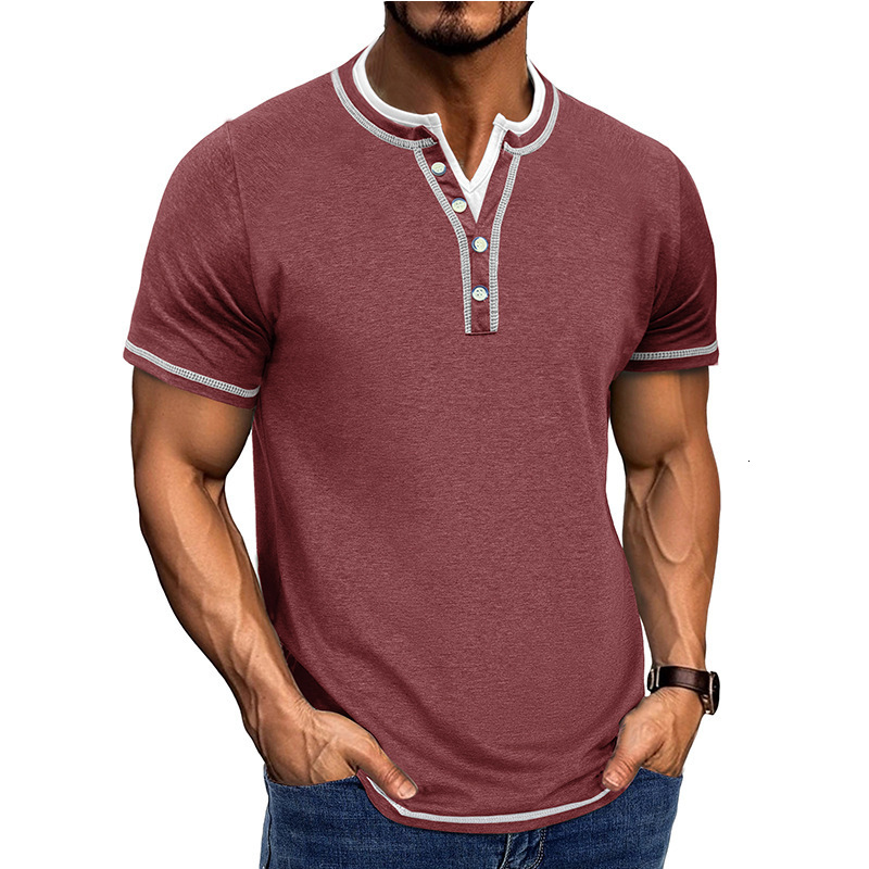 New mens short sleeved color blocked fake two-piece Henry shirt mens V-neck T-shirt