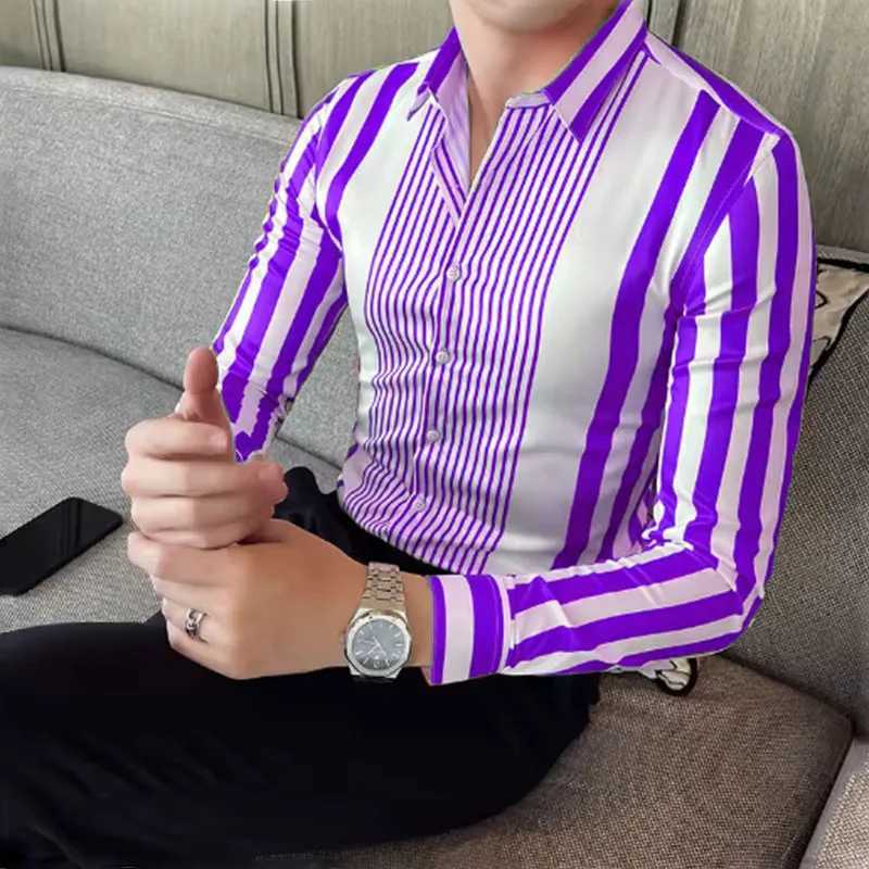 9-color striped mens casual breathable plus size mens sportswear comfortable fabric long sleeved shirt collar W250414