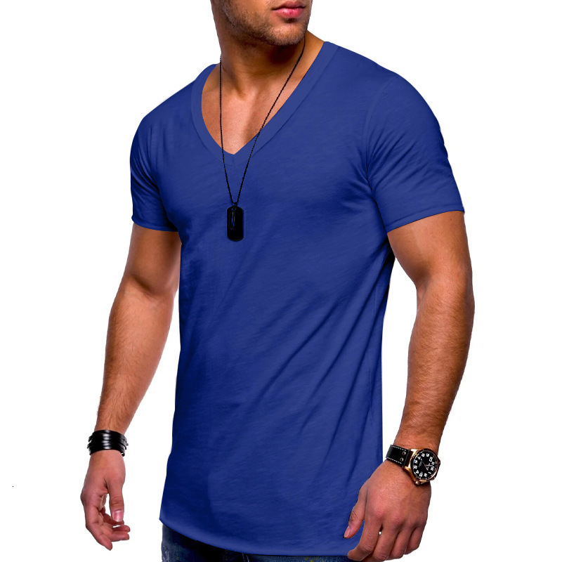2023 summer mens T-shirt clothing mens V-neck solid color large casual short-sleeved T-shirt