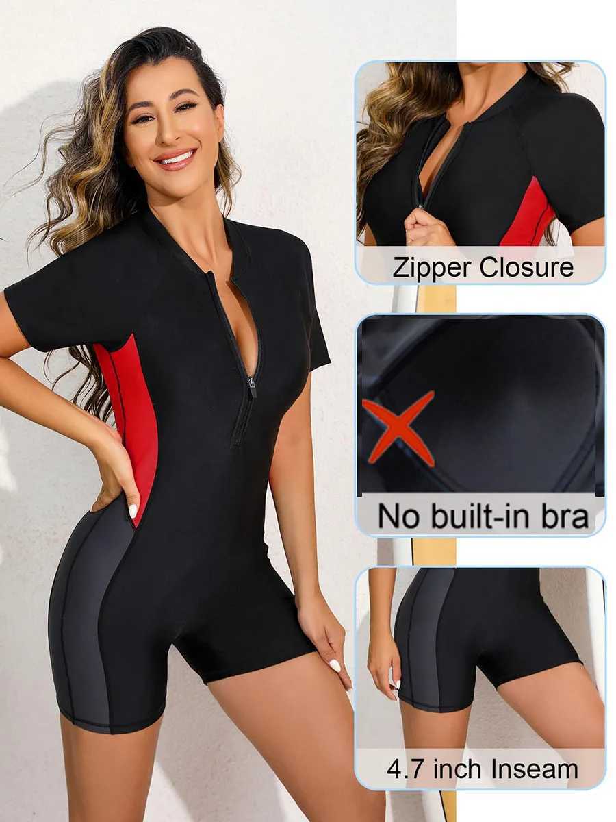 One Piece Quick-Drying Swimwear Sporty Swim Suit Short Sleeve Swimsuit Women Surfing Sun ProtectionNo built-in braW251113