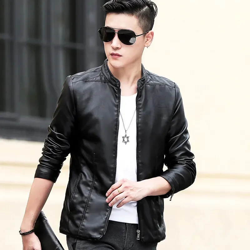 Fashion Solid Stand Collar Outwear Trendy Windproof Coat Streetwear Jackets Solid Color Casual Mens Motorcycle Leather Jacket 250409