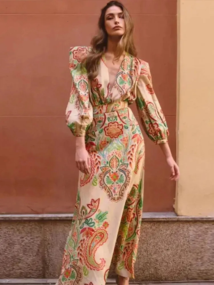 Printed deep Vneck womens dress lantern sleeves Aline 2024 summer beach party high waisted ultrathin elegant Rube 250414