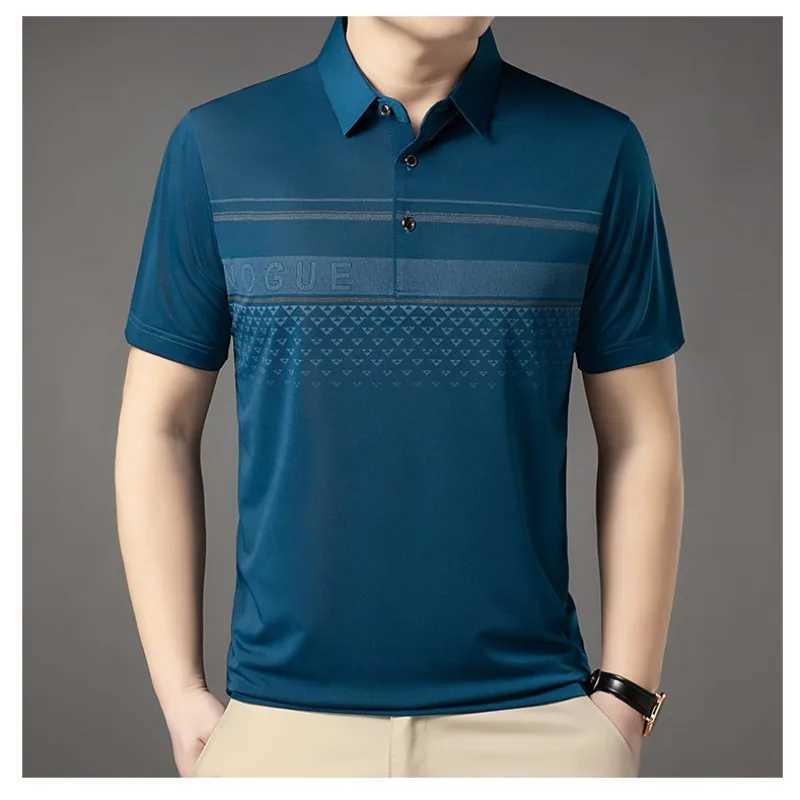 Summer Mens New Polo Neck Ice Silk Loose Breathable Short Sleeve Polo Pulling Flower Triple Stripe Letter Casual Top W250414