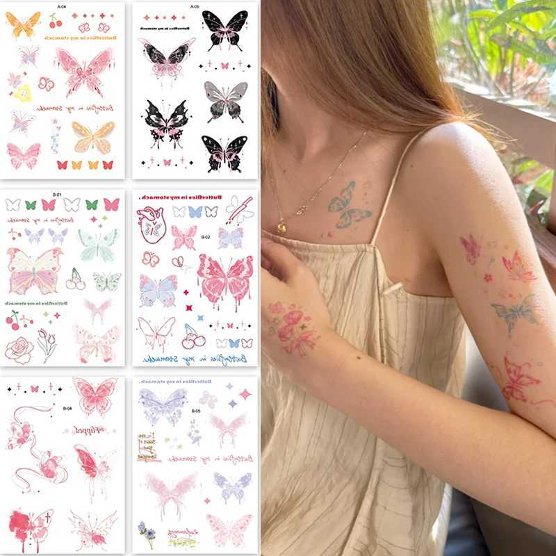 Pink butterfly flower temporary tattoo sticker waterproof self-adhesive long-lasting tattoo sticker female body art makeup tattoo stickerXJ25414