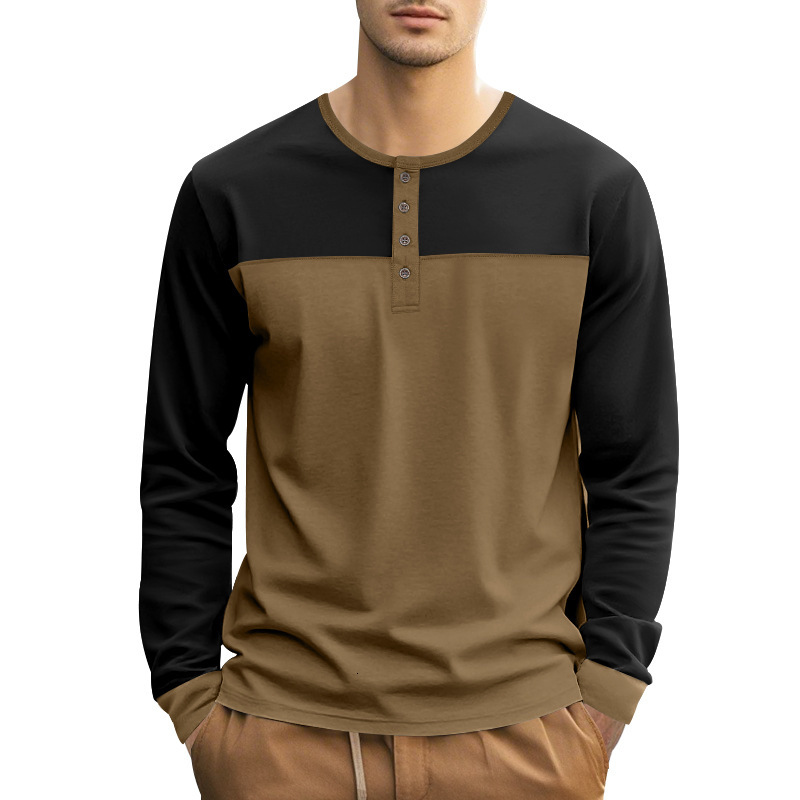 American style spring and autumn long sleeved T-shirt men, thin cut color blocking slim fit Henry base shirt for men