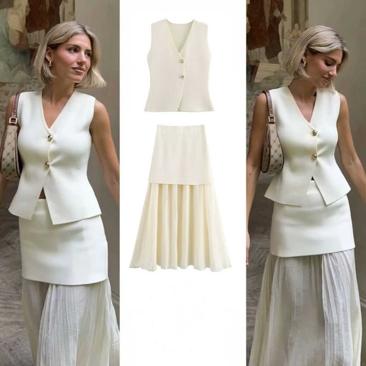 Fashion womens knitted set loose skiing set 2-piece 2025 new summer button V-neck vest top ankle length skiing womens street setXJ250414