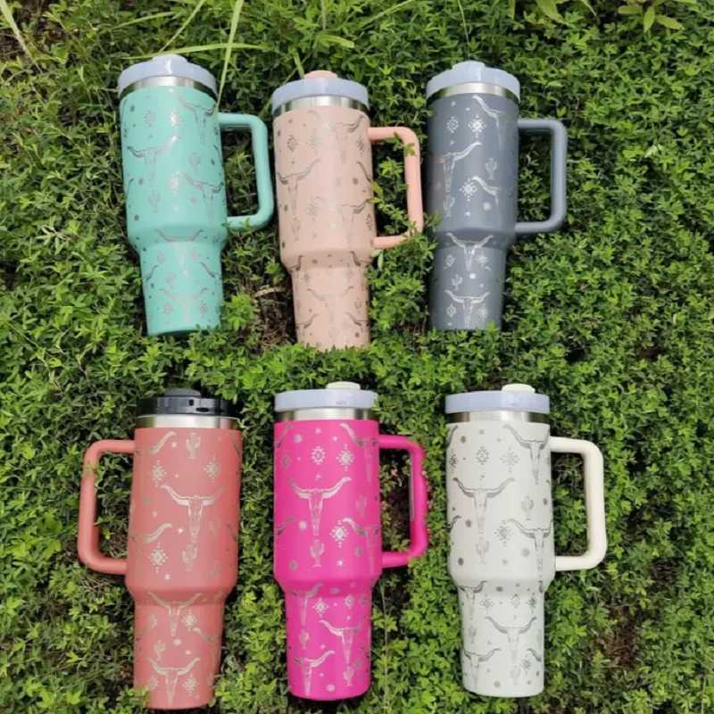 1PC Water Tumbler Cow Head Print 40oz Second Generation 304 Stainless Steel Double Insulation Handle Cup Car Cup Ice Bully Cup C251114