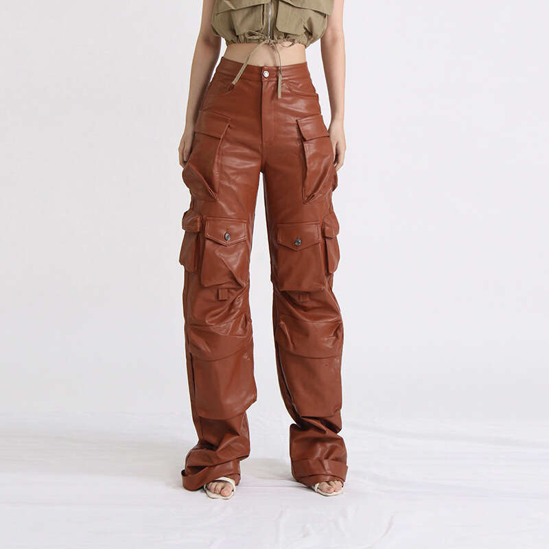 Designer Elegant High-Waist Leather Work Pants for Women Featuring Unique Patchwork Pockets - Chic & Comfortable