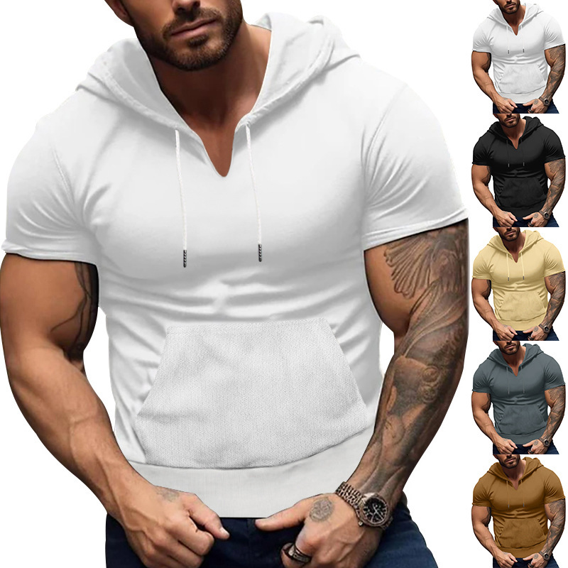 2025 Sports and Fitness Short sleeved T-shirt Men's Hoodie Sticked Pocket Fit Top
