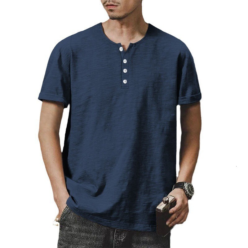 Bamboo cotton summer Henry shirt short sleeved casual American plus size solid color round neck men's T-shirt