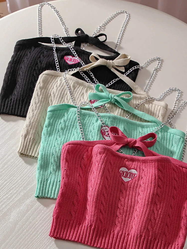 Heliar Womens Y2k Metal Chain Sexy Top Ribbed Knitted Crop Solid Camis Strap Sweet Cute 2024 Summer 250414Z