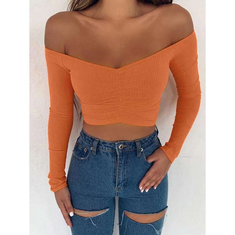 Women T-shirts sexy and club fashion female T-shirt long sleeve off shoulder solid color lady Tshirt autumn basic tees