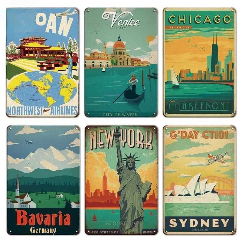 Vintage Travel Cities Metal Tin Signs PARIS IMALIBU CHICAGO Iron Painting Retro Posters Home Wall Art Decor Room DecorationM251114