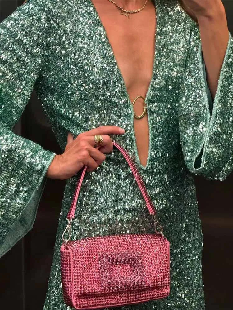 BKQU Shiny Deep-V Sequins Mini Dress Women Sexy Hollow Out Long Flare Sleeve Y2K Short Dress 2025 Chic Evening Party Lady Gowns 250409