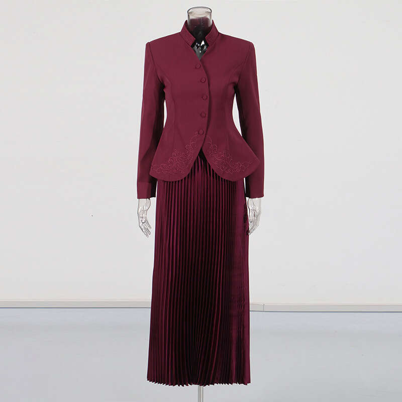 Designer Elegant Two-Piece Set: Embellished Standup Collar Top & Pleated Midi Skirt