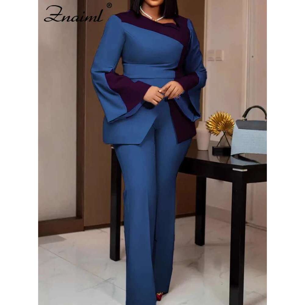 Znaiml Women's Fashion Patchwork Long Flare Sleeve Tops And Wide Leg Pants Blue Two 2 Piece Set Casual OL Work African Outfit