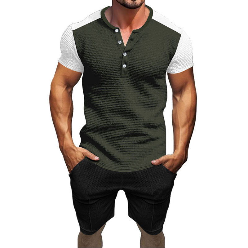 2025 Summer Fashion Light Mature Casual Color Block T-shirt Men's V-neck Single breasted Short sleeved Shorts Set