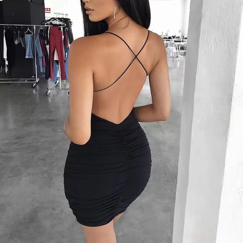 Sexy backless mini dress wrinkle free black fashionable summer womens club tight fitting sling 250414