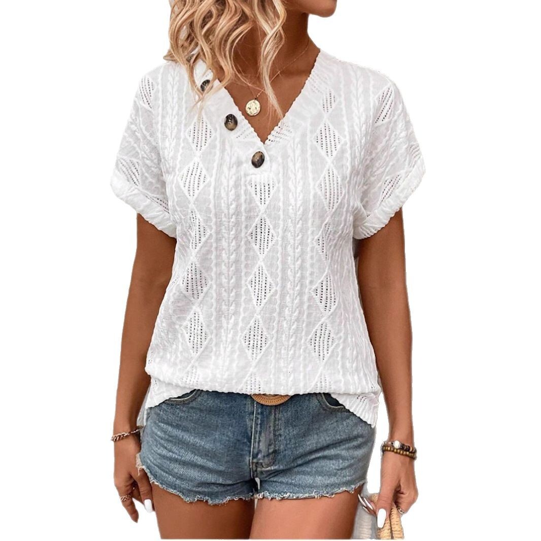 2025 New Women's Spring/Summer Collection V-neck Button Hollow Loose Short Sleeve Top T-shirt