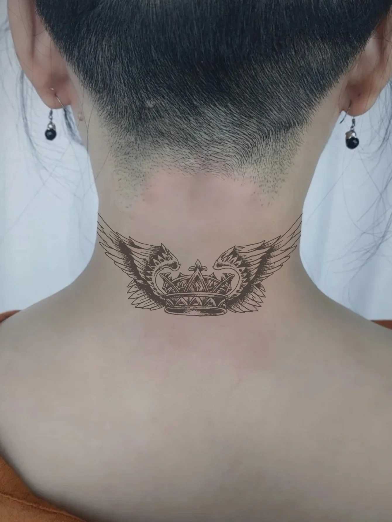 Angel wings and crown collar waterproof temporary tattoo sticker lasting 1-2 weeks real semi permanent fake tattooXJ25414