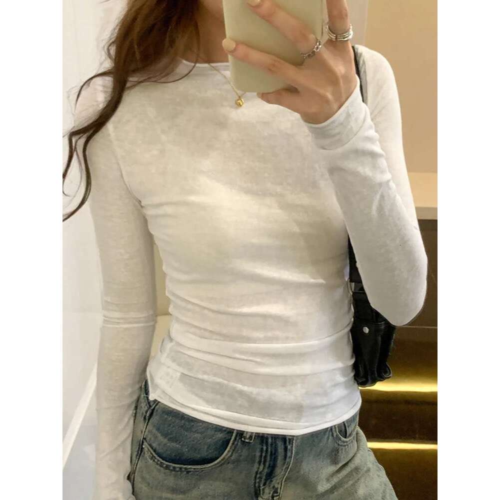 Spring Autumn T shirt Women Tops Solid Long Sleeve Ruched O Neck Tshirts Female Korean Casual Streetwear High Quality Base Tees
