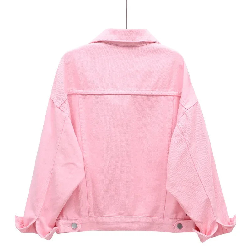 Pink womens long sleeved jacket singlelayer lapel denim fashionable ultrathin top blue and white coat 250414Z