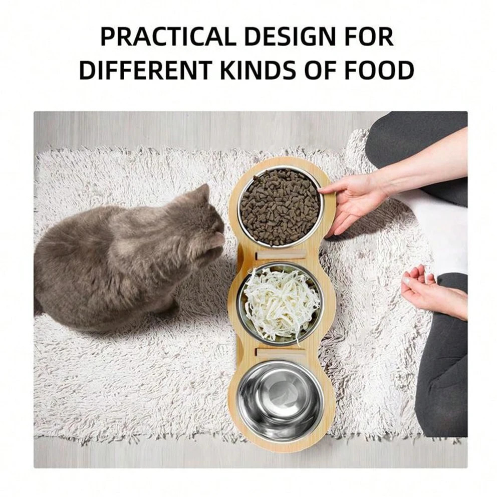Cat 3-in-1 Feeding and Drinking Products Food Bowl 15 degree Tilt for Puppies 3 Stainless Steel Bowl Wooden Bracket 250414