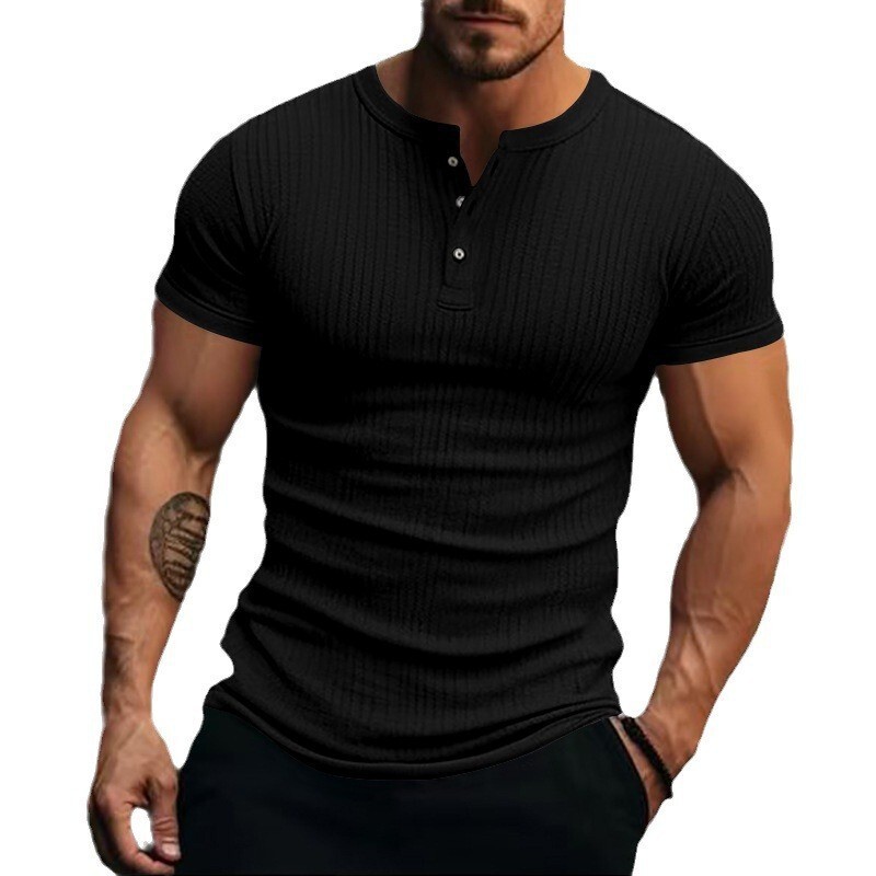 2025 casual men's with button down design, Henry collar, sports short sleeved T-shirt for men