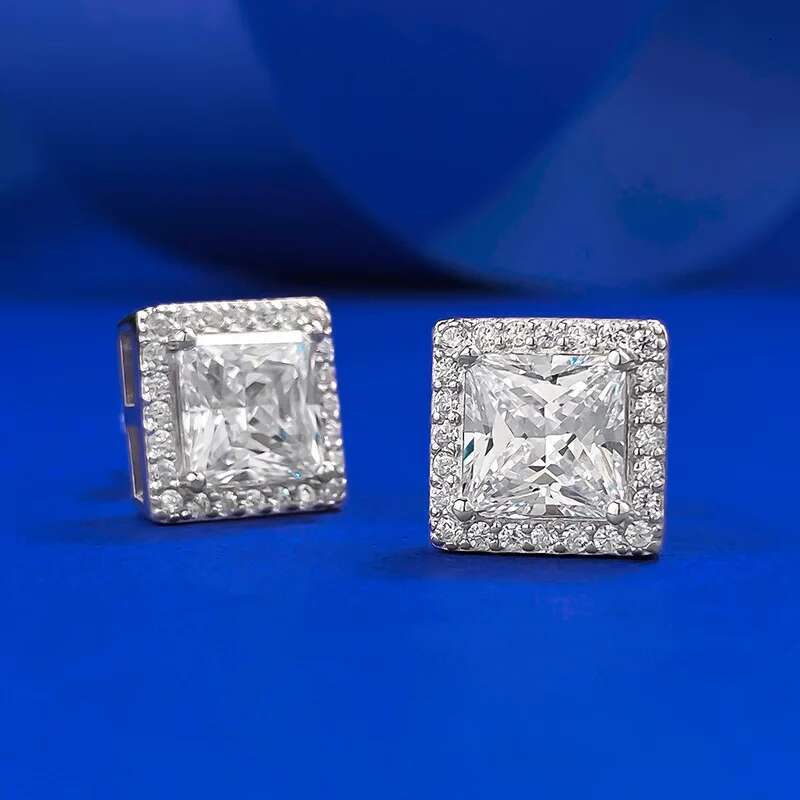 0.5/1/2carat Princess Cut Moissanite Halo Diamond Stud Earrings with Certificates 925 Sterling Silver Square Ear Studs for Women