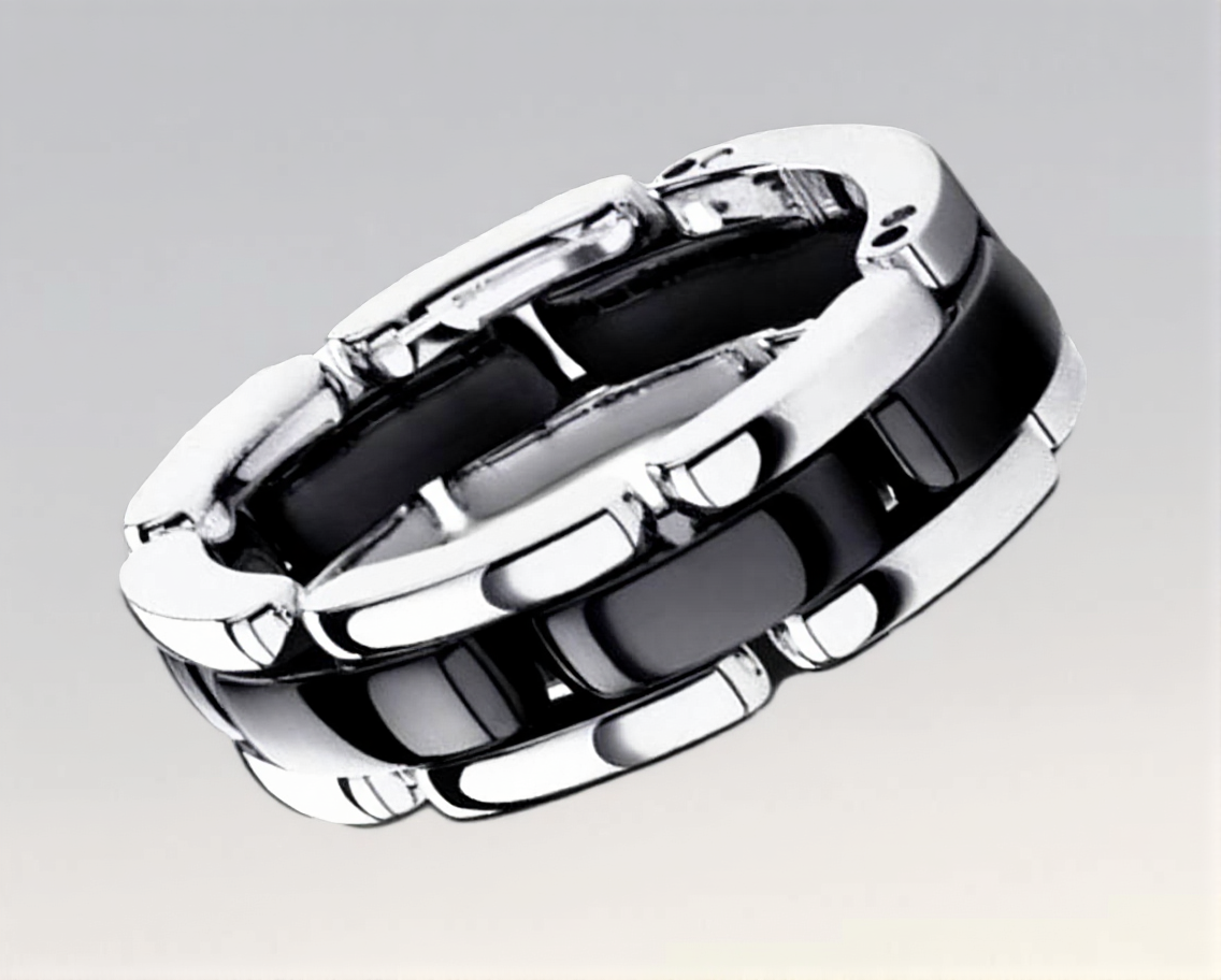 Cluster Rings Top Quality Double Row Black Ceramic Watch Chain Style Ring Stainless Steel Jewelry For Women