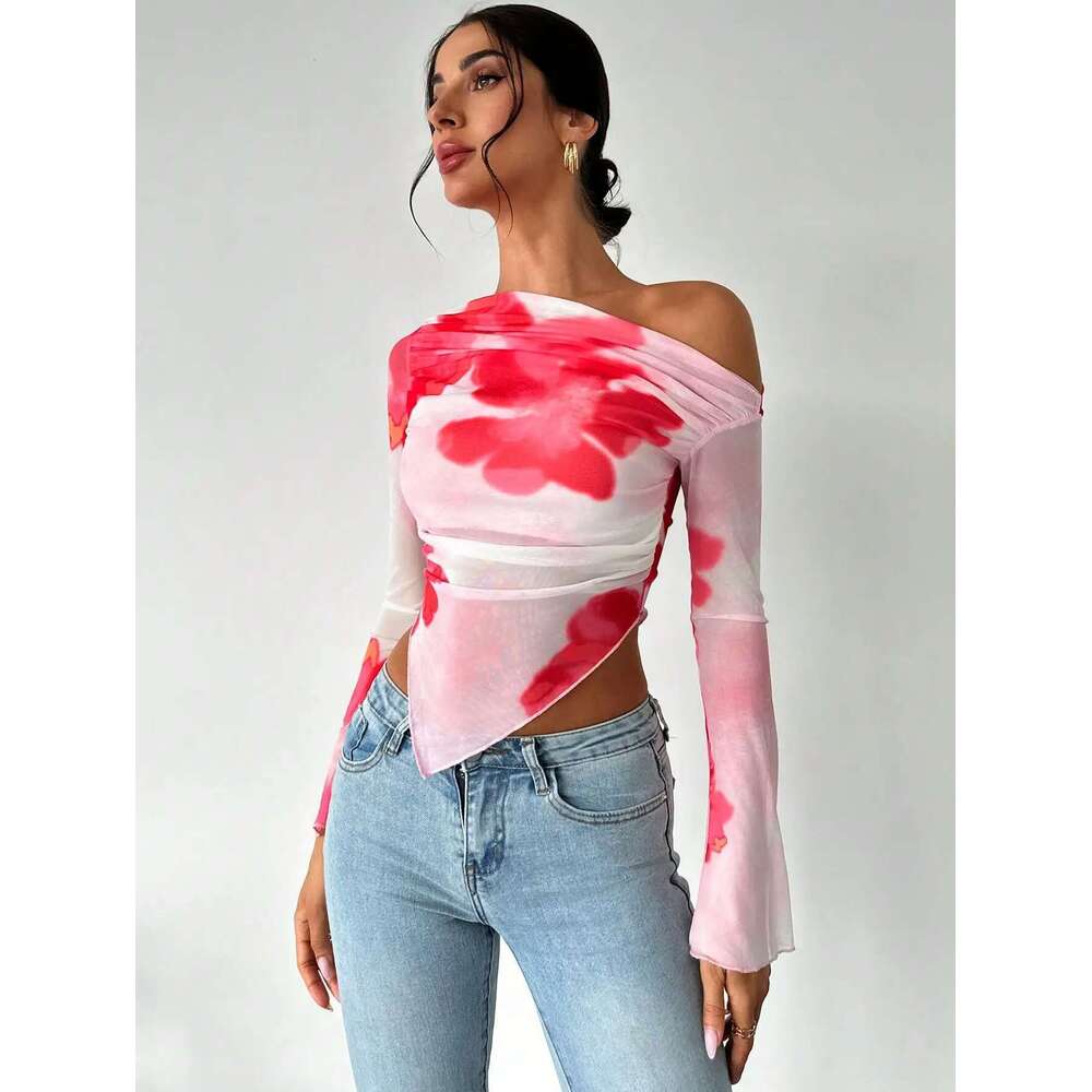 Sweet Spice Personality Style Mesh Print Diagonal Shoulder Long Sleeve Irregular Off-the-shoulder Short Top for Women