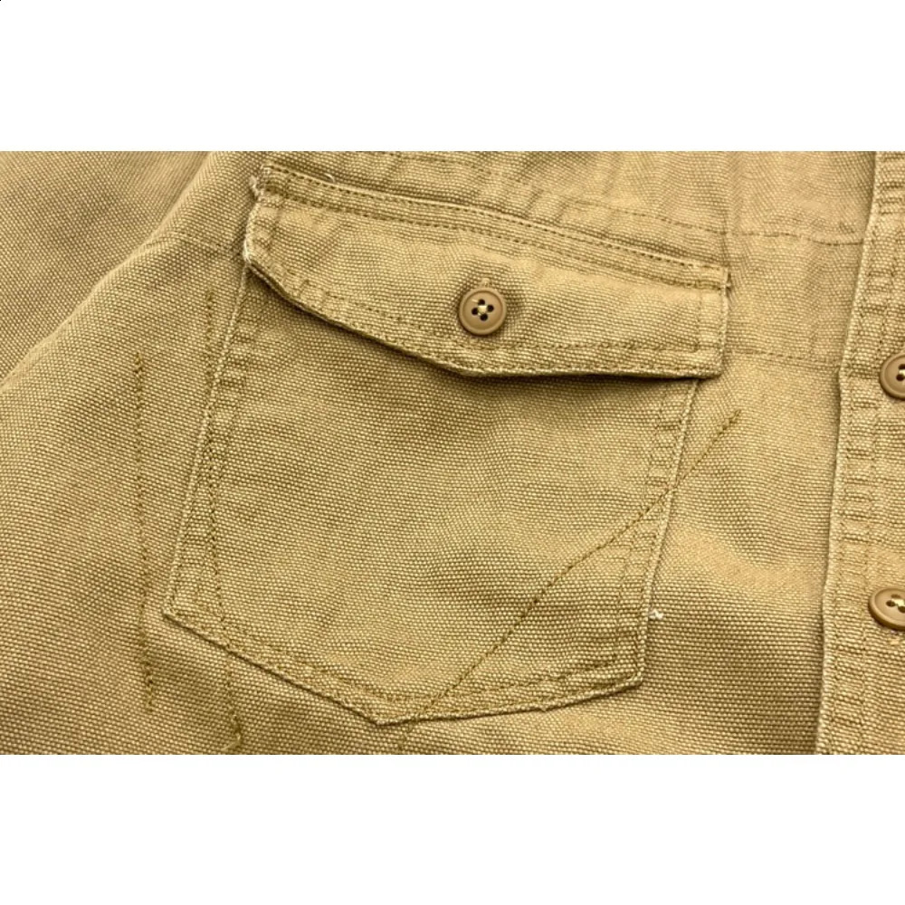 Mens Spring Vintage Laundry Long Sleeve Shirt Mens Khaki Cargo Pocket Loose Shirt Coat 250411