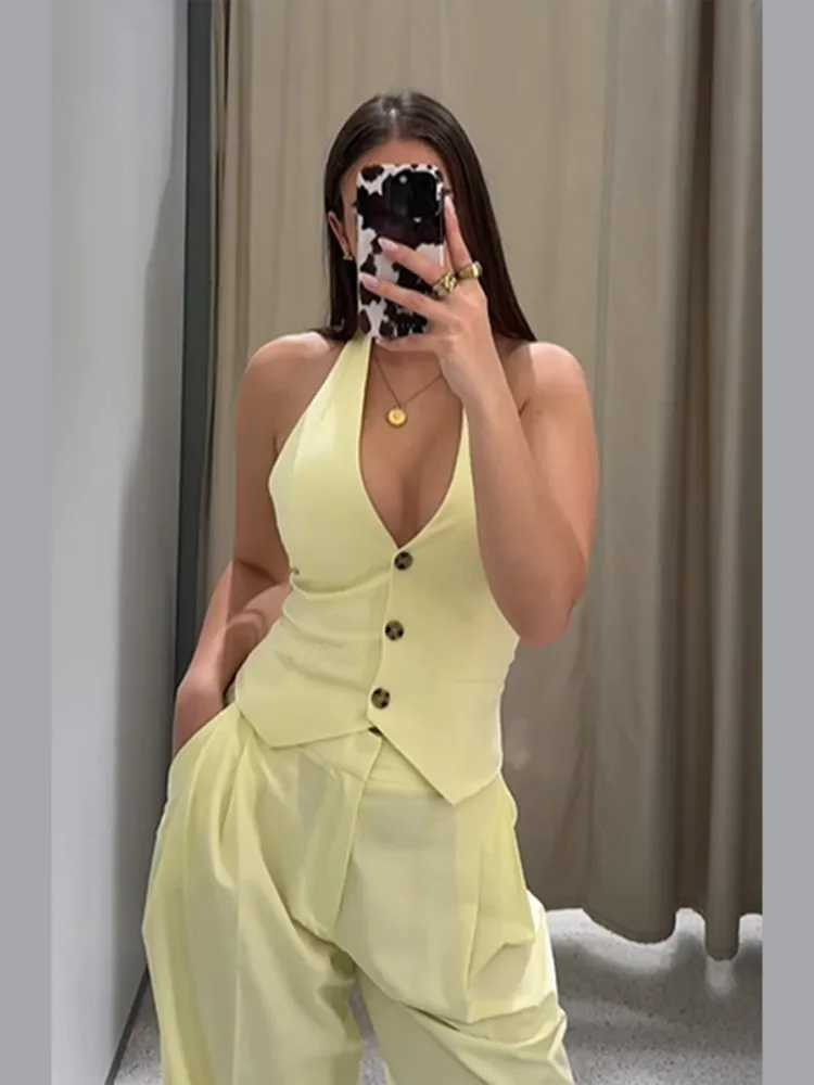 Womens fashionable butter yellow straight pants set sexy off shoulder strapless top set 2025 new summer womens 2-piece setXJ250414