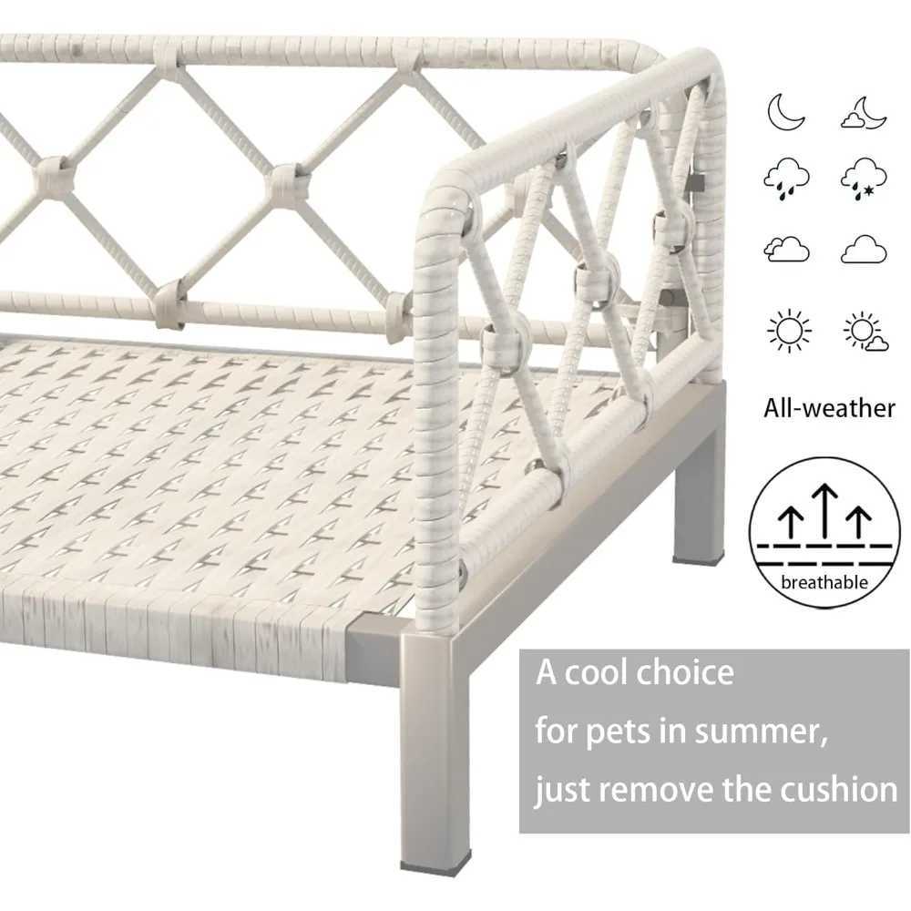 Er dog bed with 2-inch cushion Rattan dog sofa bed suitable for small and medium-sized dogs - indoor/outdoor metal frame pet bed up to 66lbs (gray mou
