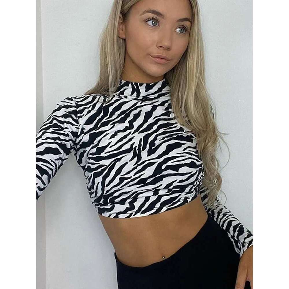 Animal Zebra Print Backless Cropped Tshirt Women Sexy Long Sleeve T-shirt Ladies Fashion Crop Tops Tees Streetwear