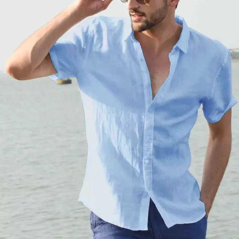 Mens casual short sleeved shirt streetwear lapel button solid color cotton linen shirt mens retro vacation shirt M-3XL W250414