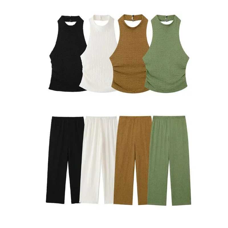 Summer New Fashion Pants Sets Women Ele Sexy Halter Backless Slim Short Tops Straight Pants Womens Two Piece Sets 2024XJ250414