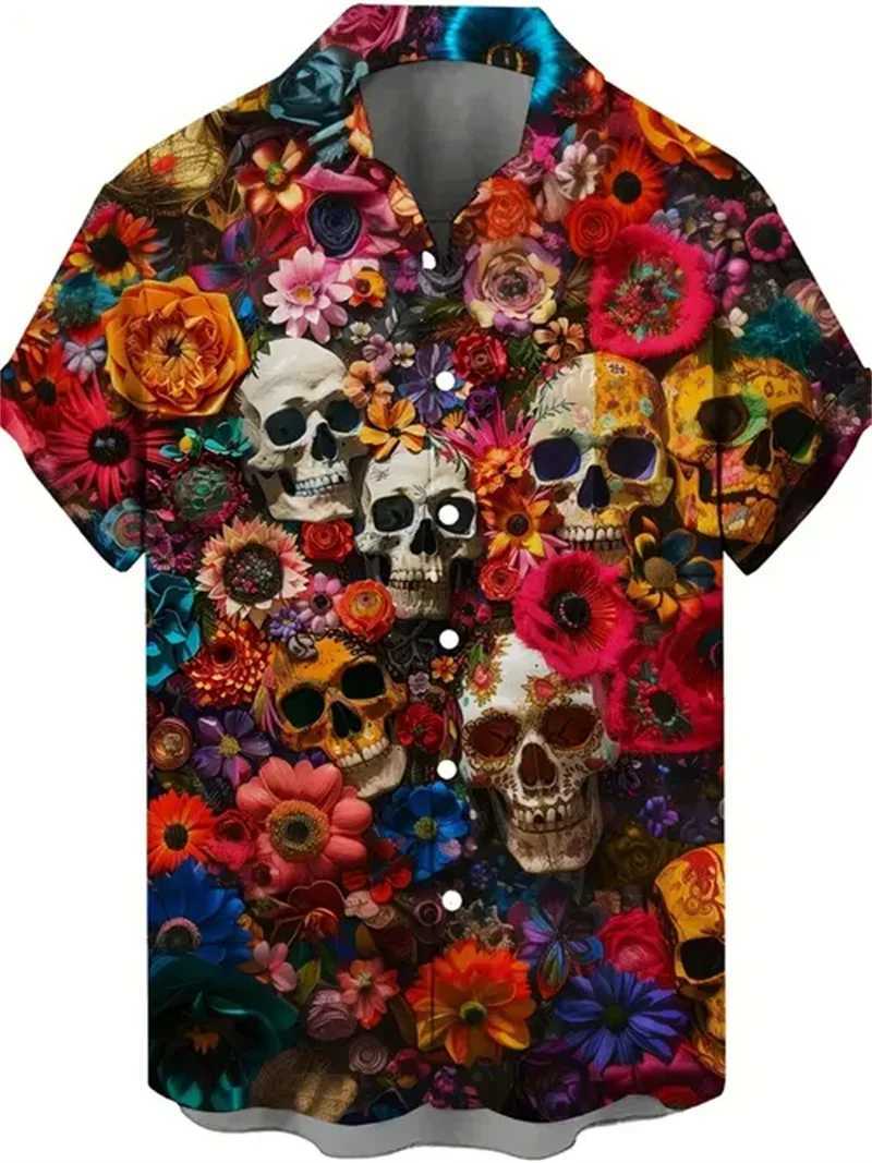2024 Fashion Short Sleeved Autumn Mens Wear Hawaii Street Play Premium Printed Shirt Loose and Comfortable Flower Skull W250414