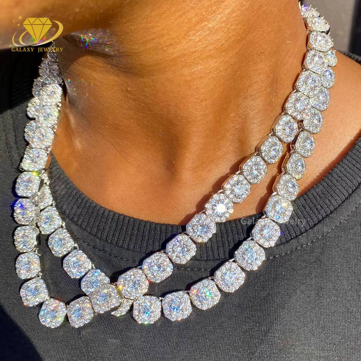 Hot Sale Clustered Tennis Chains 10mm Iced Out Vvs Diamond 925 Sterling Silver Moissanite Stones Tennis Link Bracelet Necklace