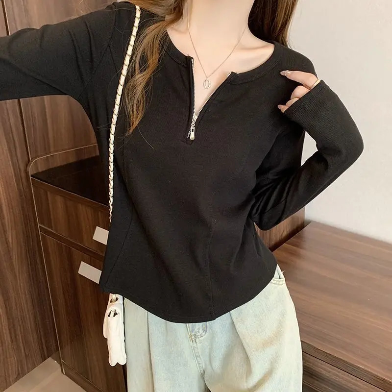 Womens spring and summer casual fashion zipper solid color Pullove womens clothing trend fully matched brushed long sleeves 250407