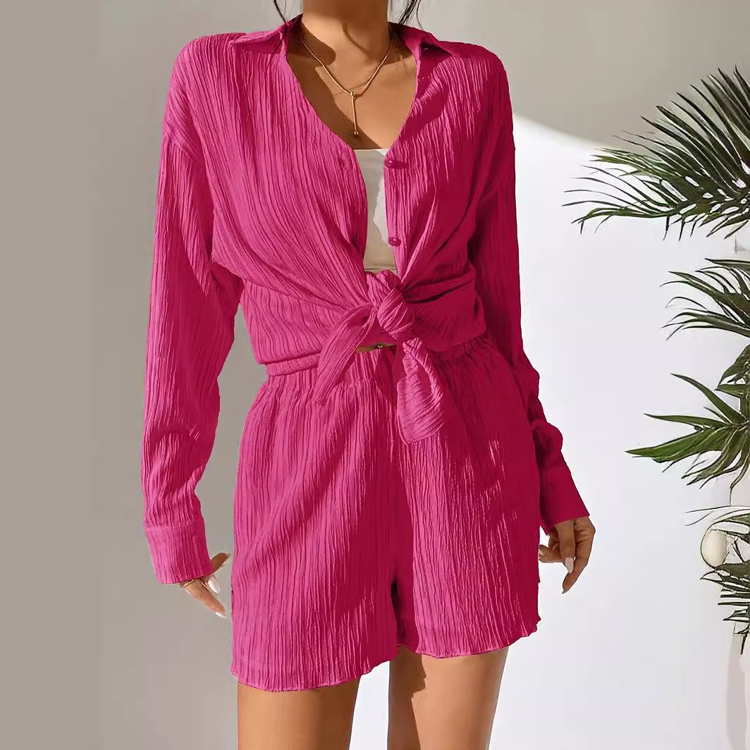 New V-neck shirt, long sleeved shorts, casual pleated texture pattern women's set