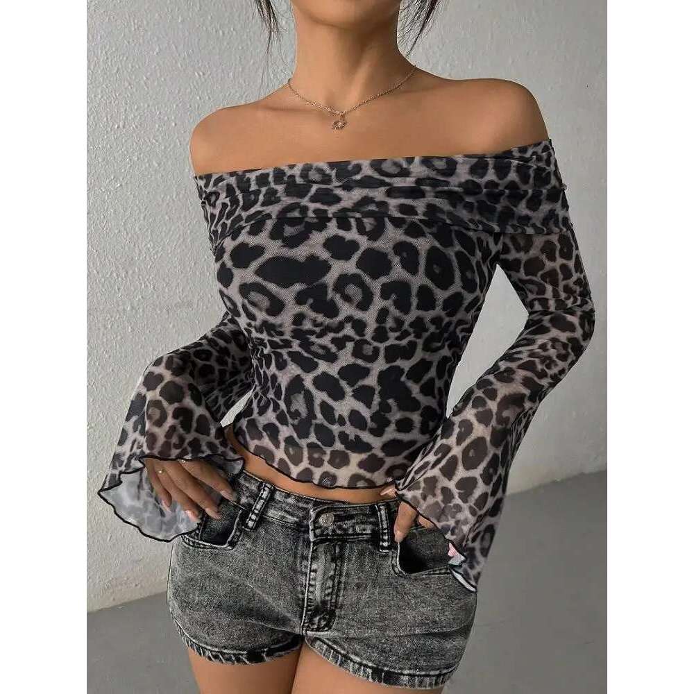 Lygens Leopard Print Long Sleeve Mesh Ruched Slim Crop Tshirt Top Casual Clothes Sexy Y2K Streetwear Manufacturer