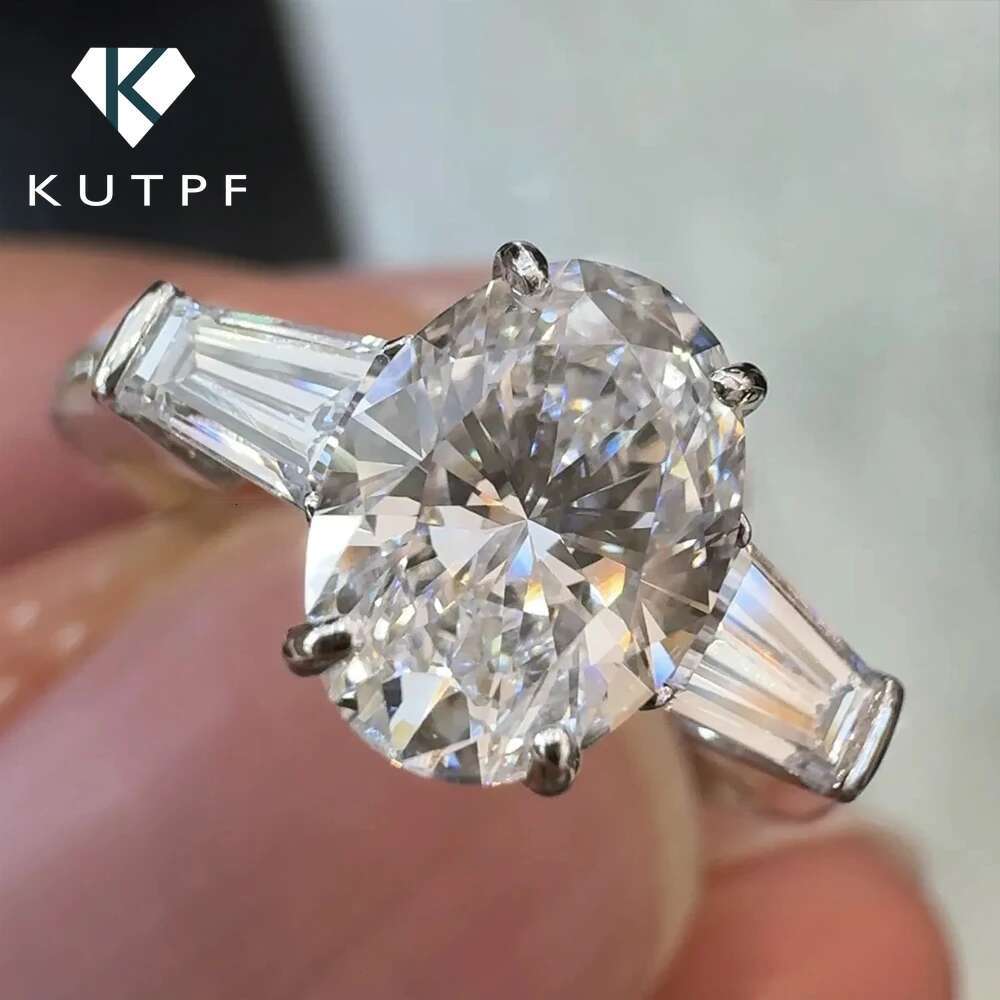 4Carat Oval Tapered Cut Moissanite Diamond Engagement Rings with Certificates 925 Sterling Silver 3-Stone Wedding Ring for Women