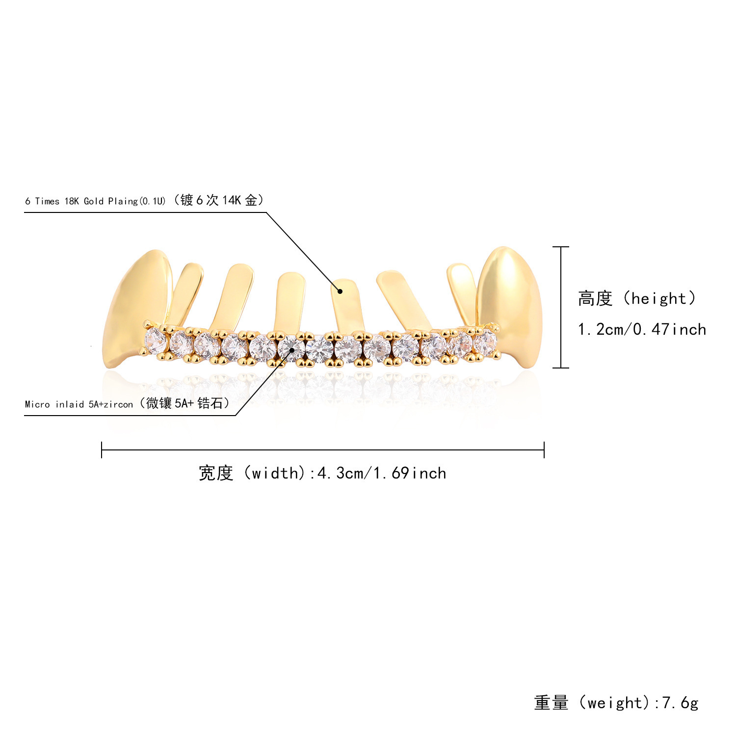 Hip Hop Rock Droplet Flame Zirconia 14K Gold Plated CZ Stone Tooth Cap 241022