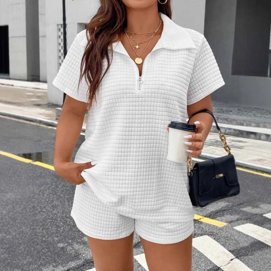 Womens summer white short Sve 2-piece fashionable zipper T-shirt top+shorts casual home two-piece set womens sportswearXJ250414