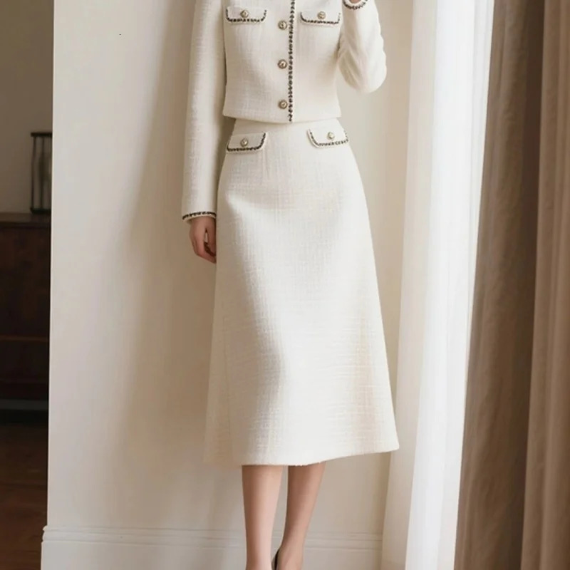 BAFU White Tweed Suit Womens Patchwork Pocket JacketElastic Waist Midi Skirt Autumn OL Elegant Party 2Piece Set 866P 251113