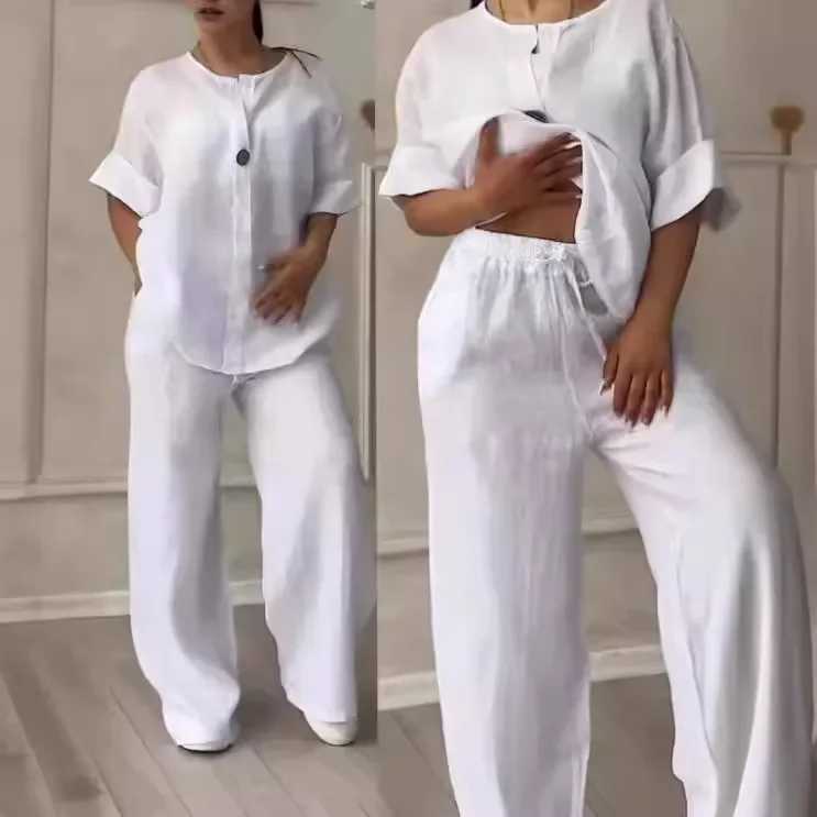 Comfortable loose cotton linen top wide leg pants casual womens fashion set spring and autumn clothing casual clothingXJ250414