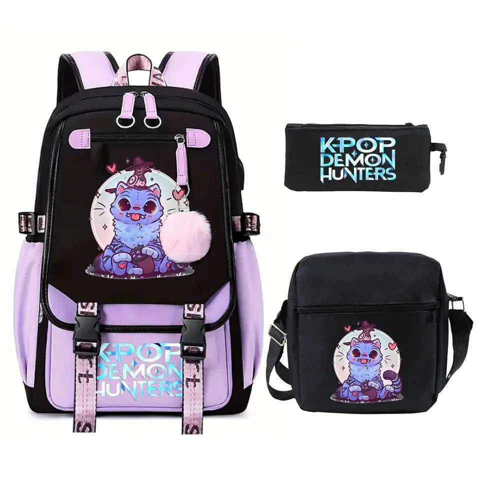 KPop Demon Hunters Backpack Shoulder Bag Pencil Case Three Piece Set Children Fashion Casual SchoolBag Saja Boys Travel BackpackW251113