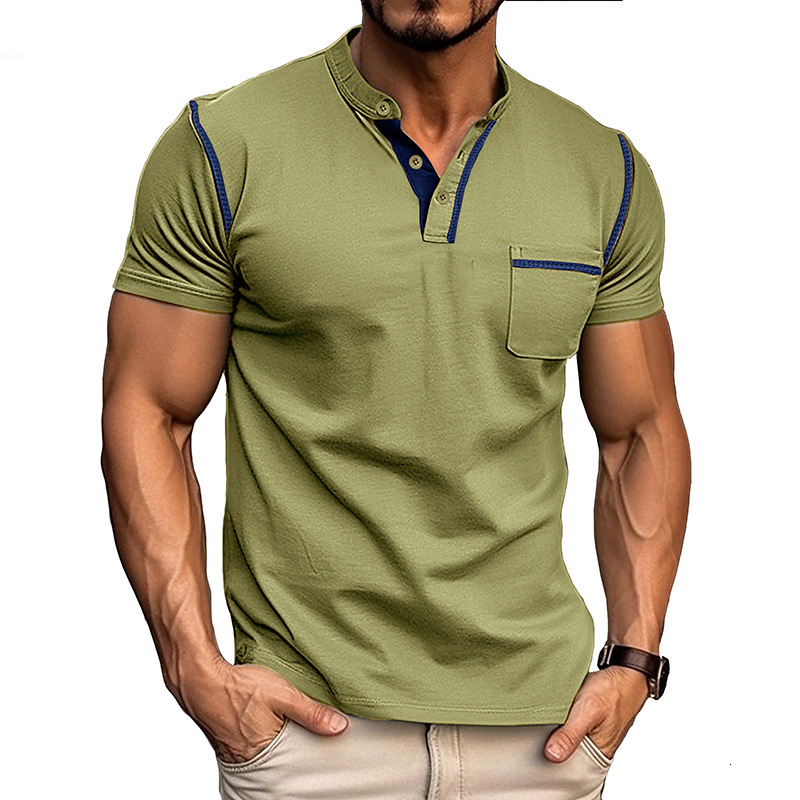 2024 Summer Mens Short sleeved Mens T-shirt Mens Henry Shirt Color Block T-shirt Mens